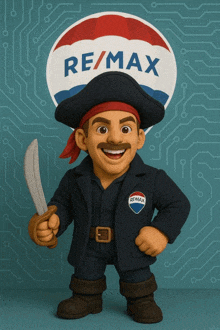 a cartoon character holding a sword in front of a re / max logo