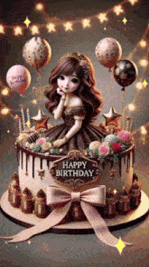 a birthday cake with a doll on it and the words happy birthday on it