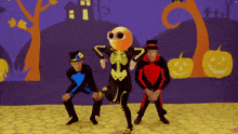 a man in a skeleton costume is dancing with two other men in halloween costumes