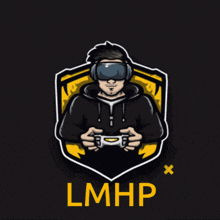 a logo for lmhp shows a man wearing headphones and holding a controller