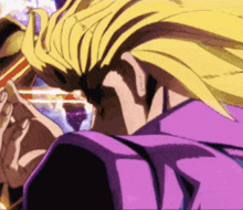 a close up of a person 's face with a purple shirt on and a yellow hair .