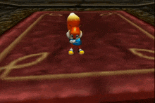 a video game character is standing on a red rug with the number 8 on it