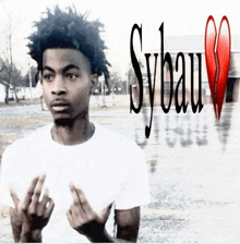 a young man giving the middle finger in front of a sign that says svbau