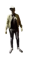 a man in a green jacket and black jeans is walking across a white background