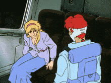 a cartoon of a man and a woman sitting on a train