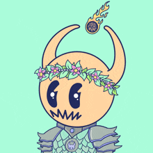 a cartoon drawing of a knight with horns and a flower crown on his head