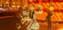 a girl in a white dress is dancing in a video game while another girl stands behind her .