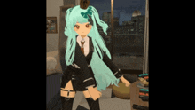 a girl with green hair is standing in a room