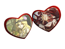 two red hearts with a picture of a woman and a demon on them