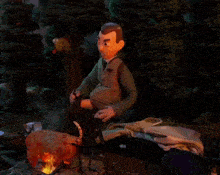 a cartoon of a man sitting by a fire