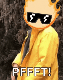 a person wearing sunglasses and a yellow jacket has the word pfft on their chest