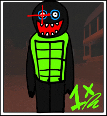 a drawing of a monster with a green vest and the number 1x on it