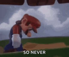 a cartoon of mario standing in a field with his head down and the words `` so never '' .