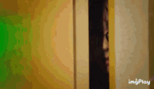 a person peeking out of a door with a green screen behind them and the words imgplay below them