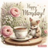 a picture of a hamster sitting next to a cup of coffee with the words happy monday written on it