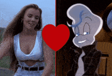 a woman and a cartoon character are next to each other