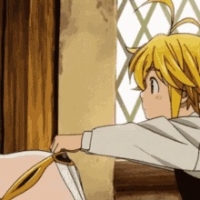 a cartoon character is standing next to a window holding a sword