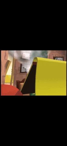 a cartoon scene with a yellow item in the foreground and a red item in the background