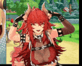 a girl with red hair and horns is wearing a choker and gloves