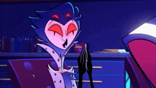 a cartoon character with red eyes is sitting in front of a bookshelf .