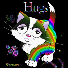 a cartoon cat with a rainbow on its tail and the word hugs