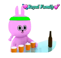 a cartoon bunny with a green headband is drinking from a cup next to a bottle of beer