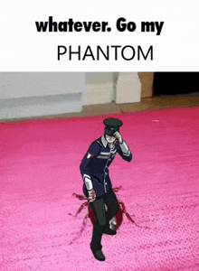 a picture of a man standing on a pink carpet with the words whatever go my phantom