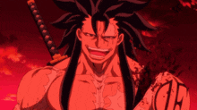 a man with long black hair is holding a sword in his hand