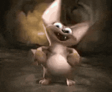 a cartoon rabbit is dancing in a dark room .