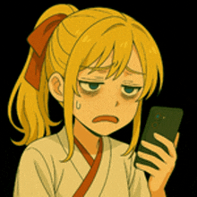 a girl with a ponytail is looking at her phone