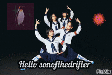 a group of girls are posing in front of a penguin and fireworks with the words hello sonofthedrifter in the corner