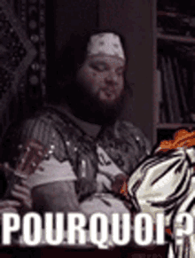 a man with a bandage on his head is sitting in front of a bookshelf with the words pourquoi written on the bottom