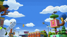 a cartoon drawing of a city with a yellow light and a sign that says ' a ' on it