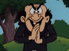 a cartoon character is smiling with his hands folded in front of his face