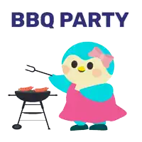 a penguin is grilling sausages on a bbq party
