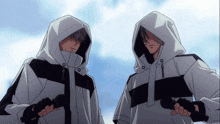 two anime characters standing next to each other with their hoods up
