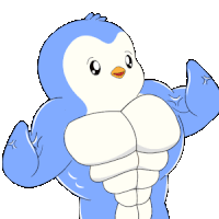 a cartoon of a penguin with muscles and a yellow beak