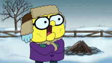 a cartoon character is standing in the snow wearing glasses and a furry hat