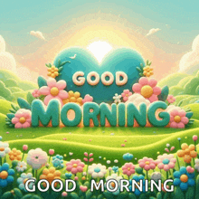 a poster that says good morning with a heart and flowers