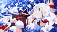 a girl with white hair and blue eyes is laying on a bed of flowers