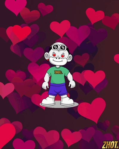 a cartoon character is surrounded by hearts and has the word hot on his shirt