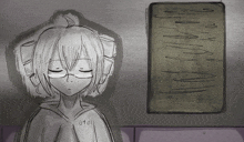 a black and white drawing of a girl with the number 0401