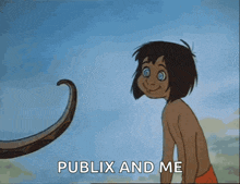 a cartoon of a boy and a snake with the words publix and me