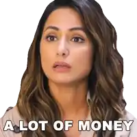 a woman with a lot of money on her face