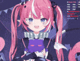 a girl with pink hair and blue eyes is holding a stuffed cat