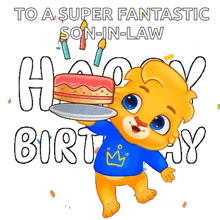 a cartoon character is holding a birthday cake in front of a birthday card .