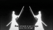 a silhouette of two people holding swords with a caption in portuguese