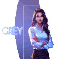 a woman in a blue shirt is standing in front of the word grey