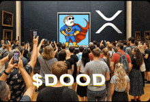 a crowd of people gathered in front of a painting of a man in a superhero costume with the word $ dood below it