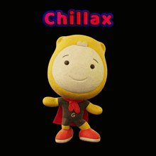 a stuffed animal with a cape and the word chillax above it